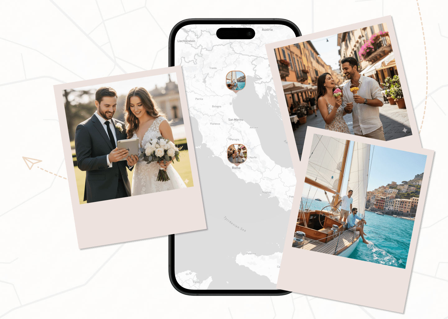 Screenshot der App mit Postkarten von Urlaubsorten